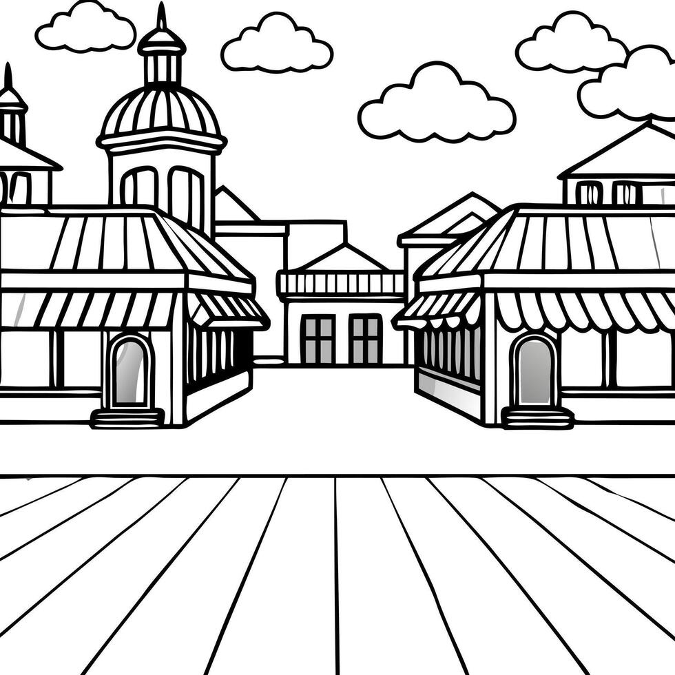 cartoon, empty town square, with stores in the background, illustration line art vector