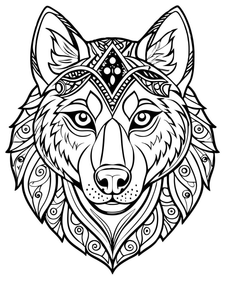 an intricate line art illustration of a siberian huskys head filled with detailed patterns and vector
