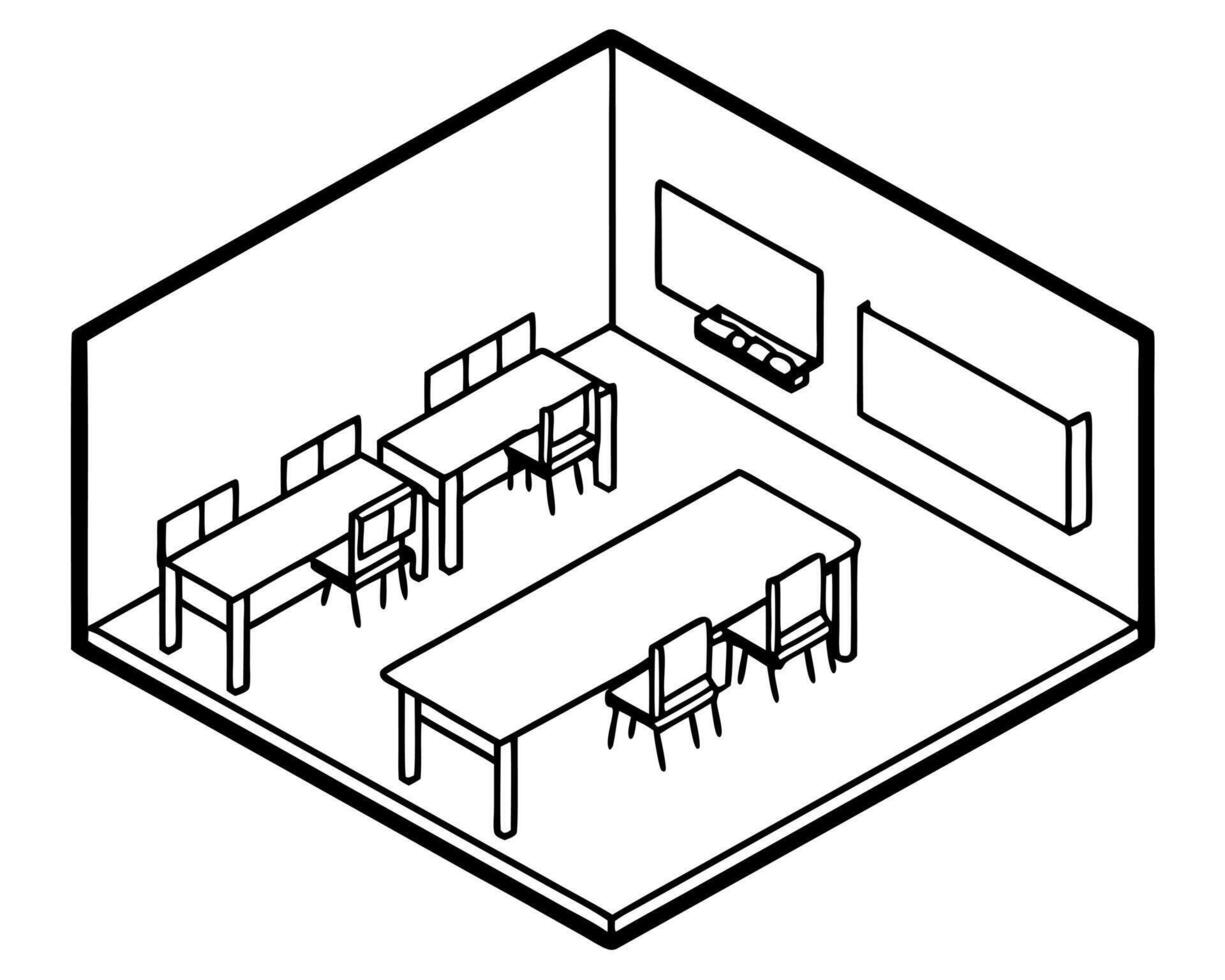 inside a classroom in isometric format, illustration line art vector