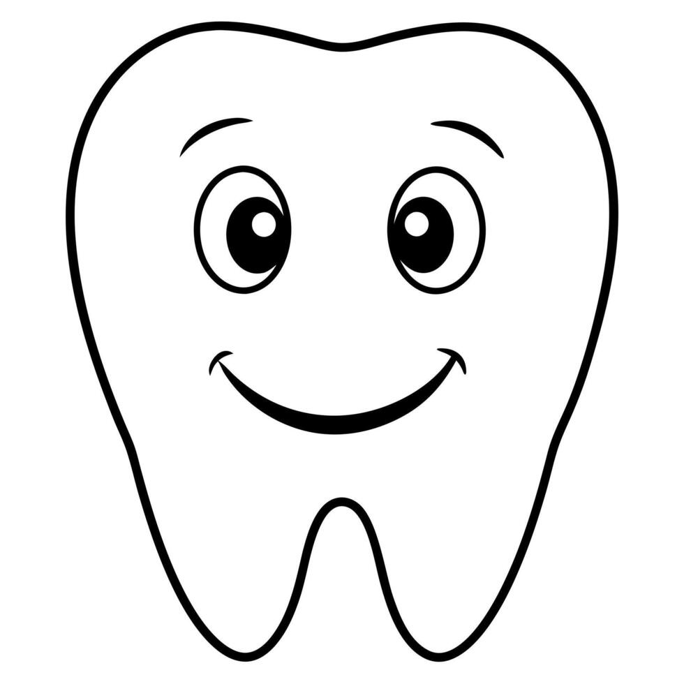 4 set black happy and positive tooth, solid white color background, illustration line art vector