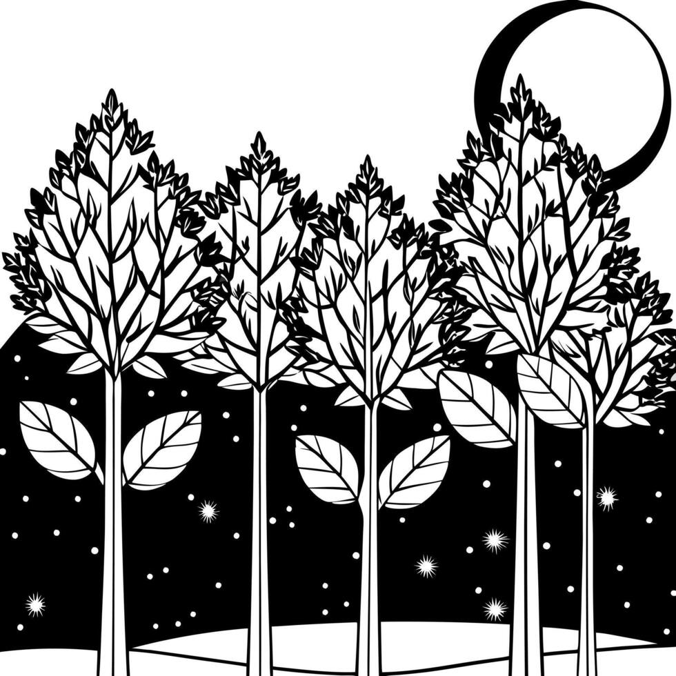 bathed in the soft glow of the moon, the shiny trees stand tall and majestic in the stillness of vector