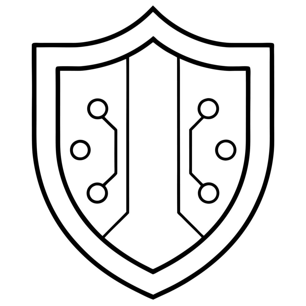 a cybersecurity shield on white background, illustration line art vector