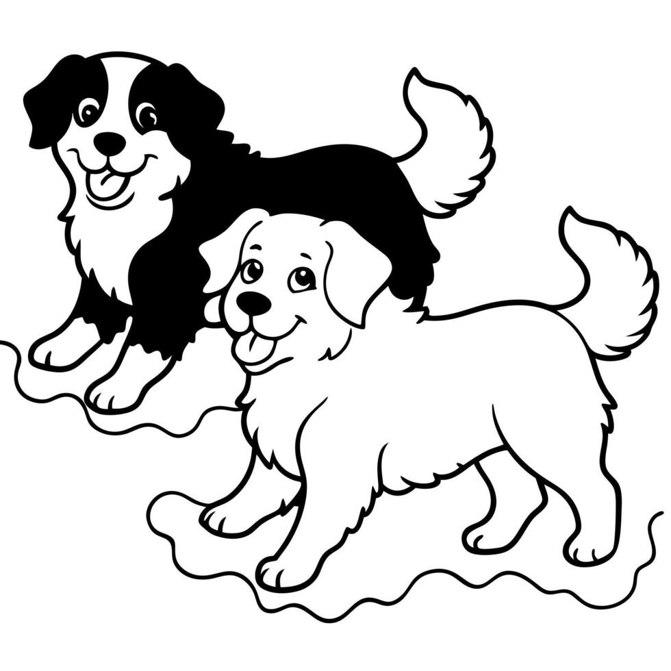 coloring book of bernese mountain dogs jumping in puddles, illustration line art vector