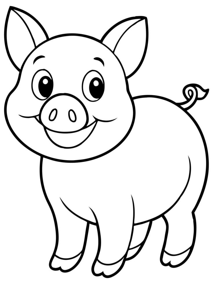 smiling pig bold outline black and white full seeable for kids good to color, illustration vector