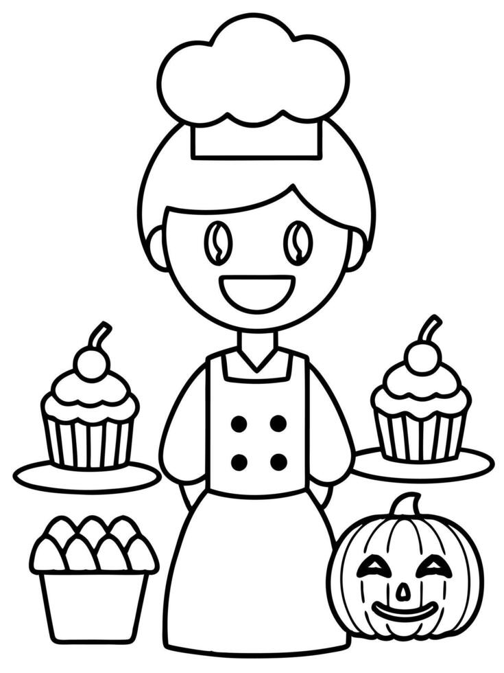 a halloween-themed bakery with a cute baker serving cupcakes and candy corn include smiling vector