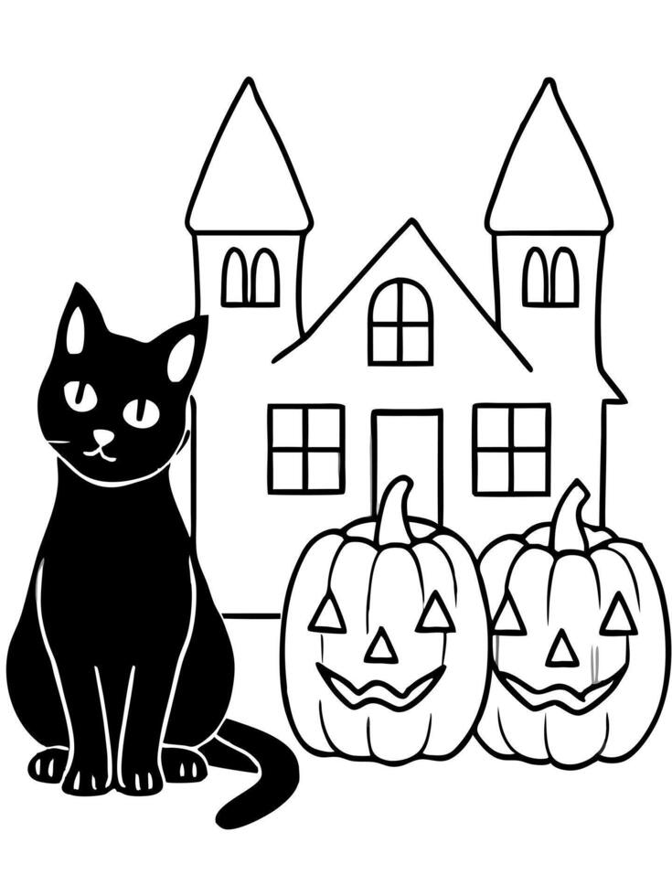 a black cat sitting next to a row of carved pumpkins with candles inside, in front of a haunted vector