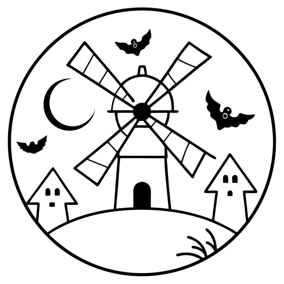 a unique halloween scene with a round fairy-tale windmill this windmill has a distinct, circular vector