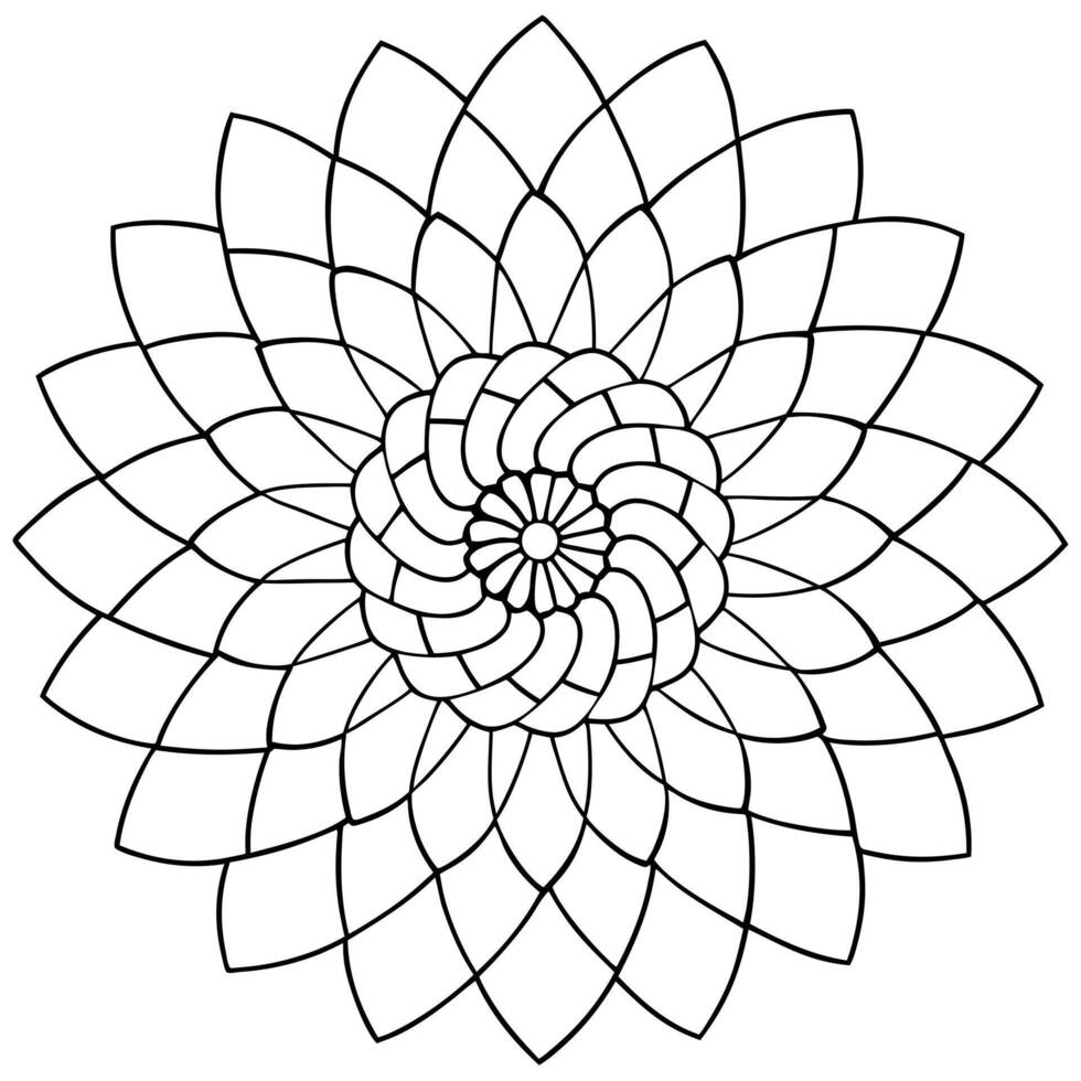 coloring pages for kids, bold line art, zinnia flowers in a spiraling mandala with interlocking vector