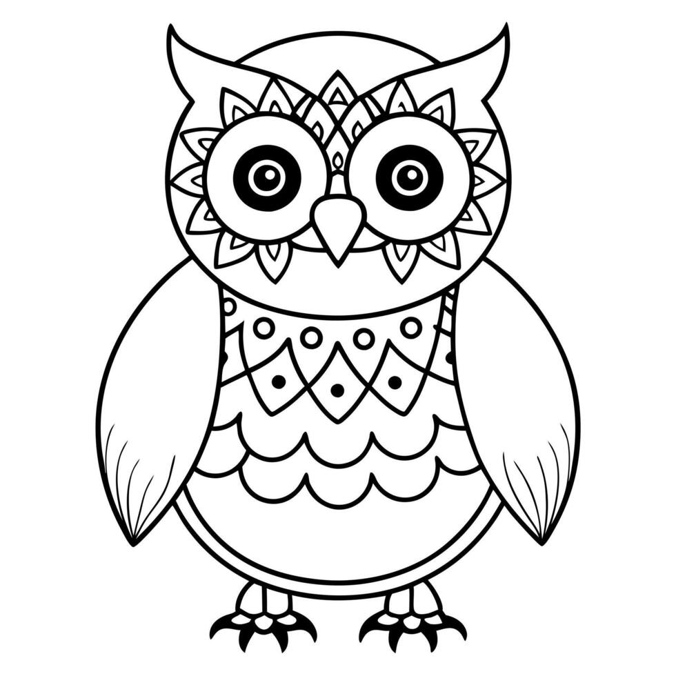 a coloring page of an cute snow owl bird with mandala patterns on its head and body, with no color vector