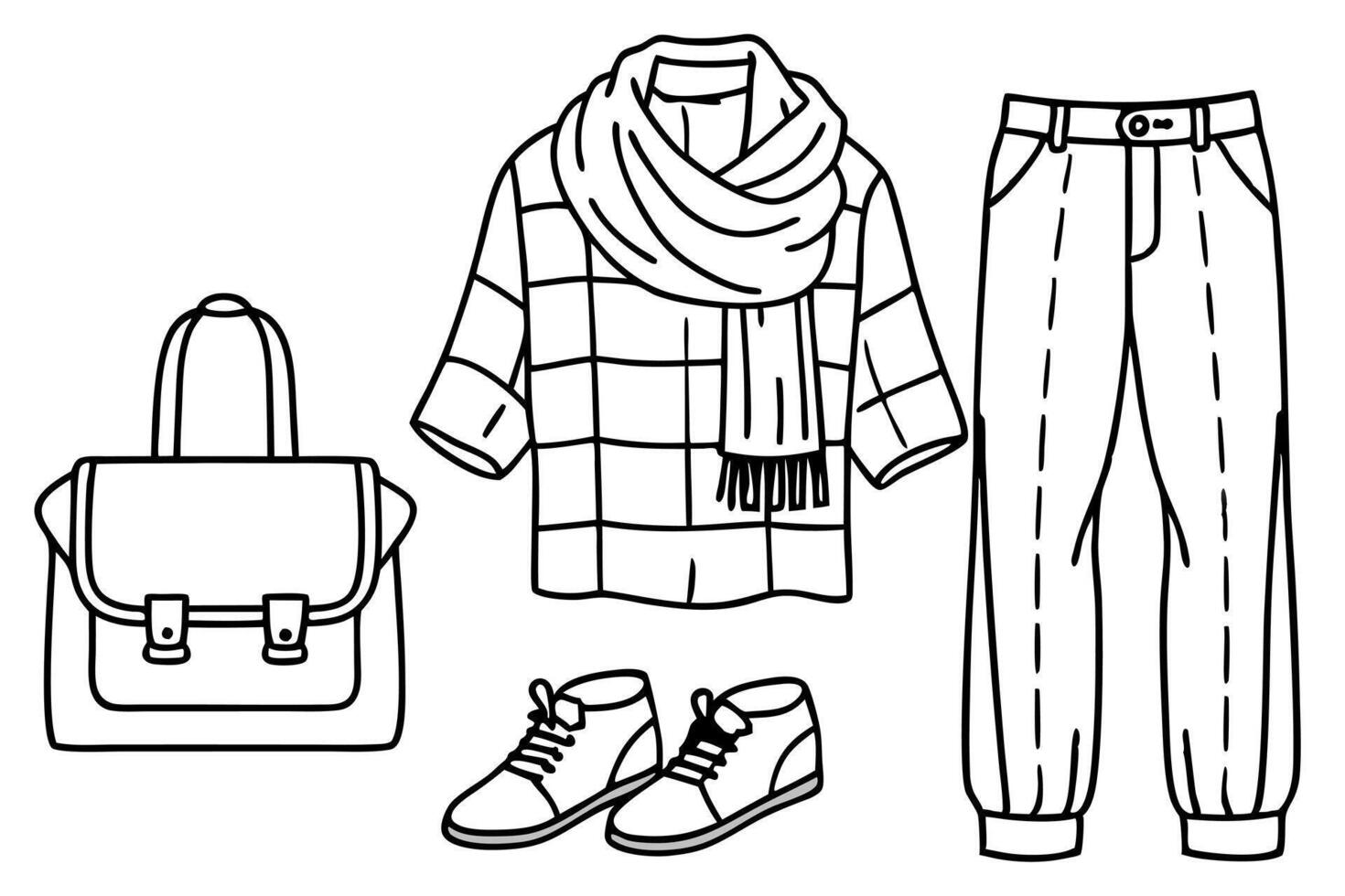 a travel-ready outfit with comfortable yet stylish accessories, illustration line art vector