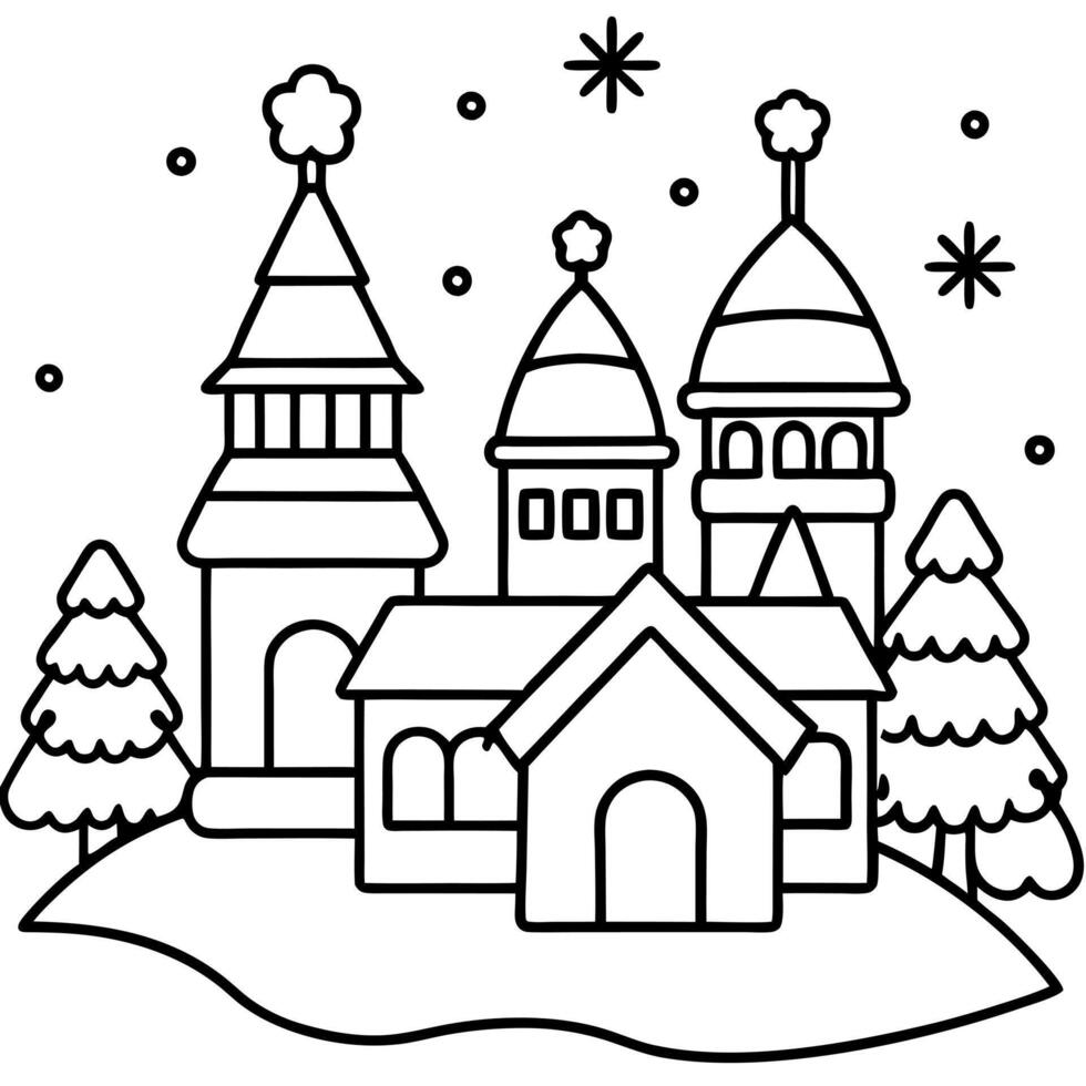 coloring pages for kids, bold line art, christmas village with snowy rooftops, illustration vector
