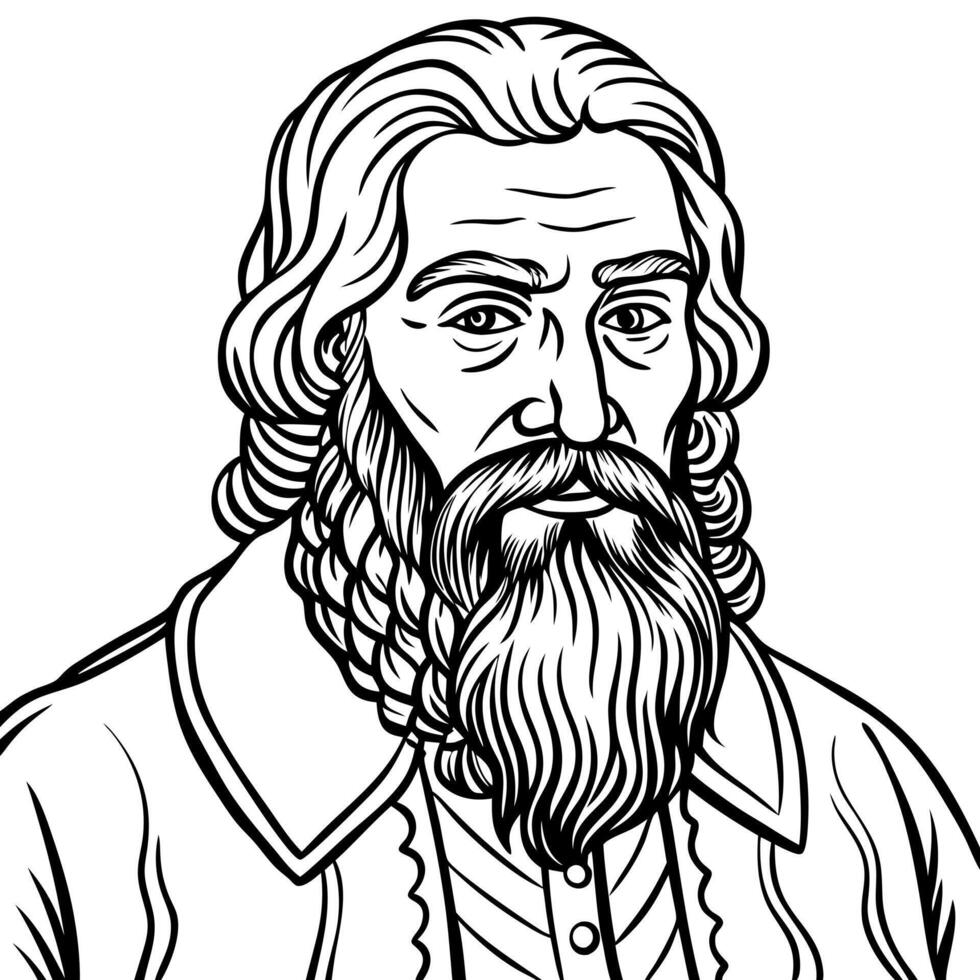 long beard man , vintage black retro colour, illustration line art vector