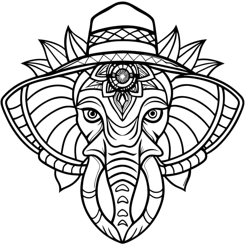 design a detailed elephants face wearing a halloween hat, with mandala stylel ensure the design has vector