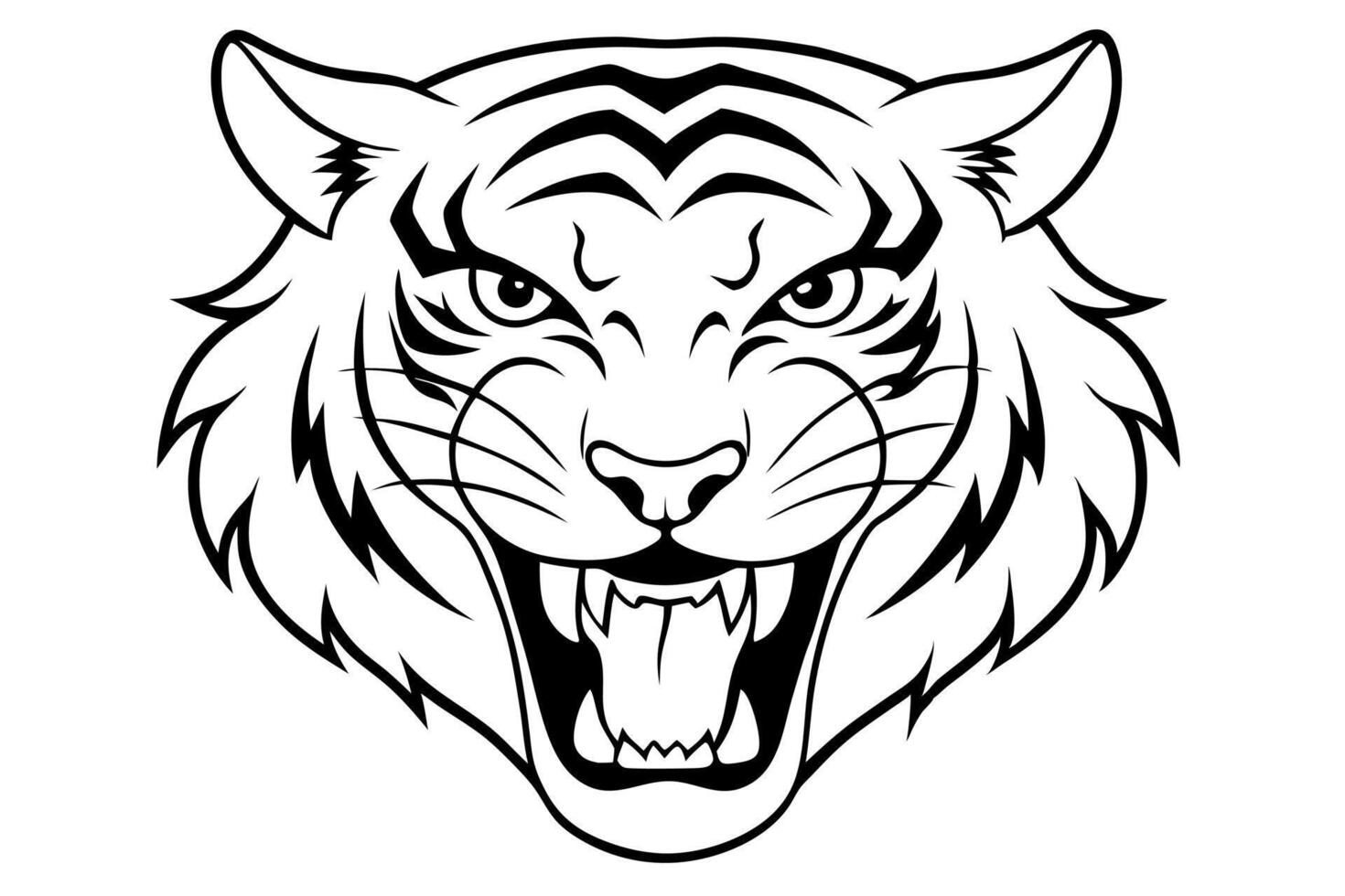 aggressive strong tiger head, isolated background, illustration line art vector
