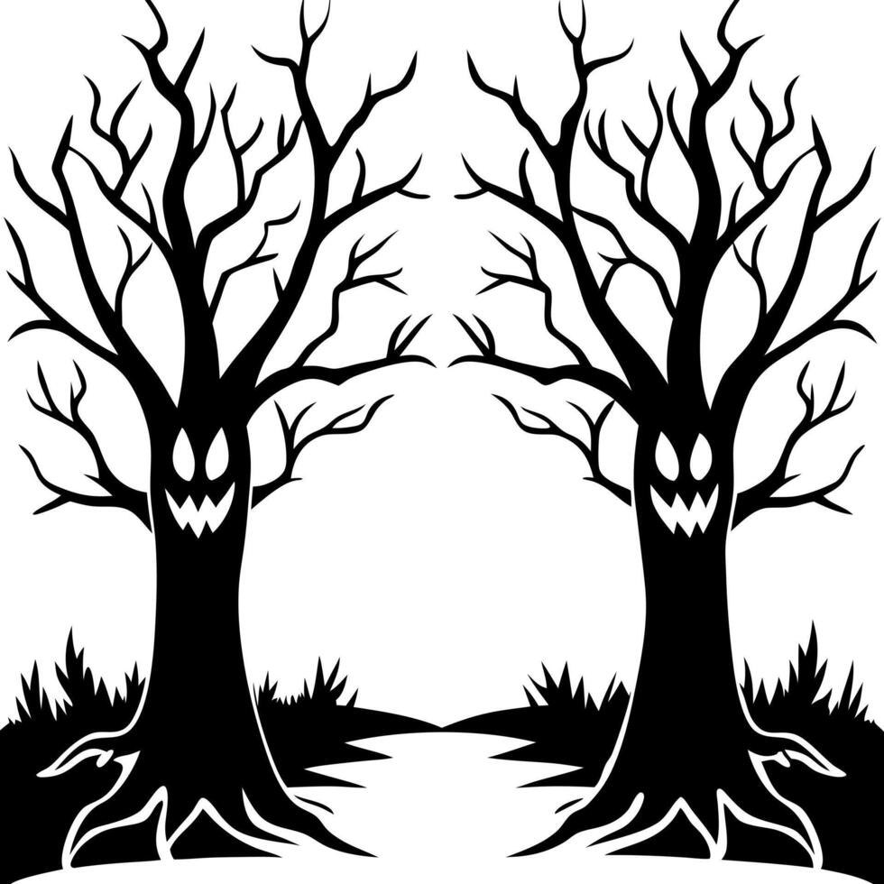 dark scary forest with two big trees, halloween, illustration line art vector