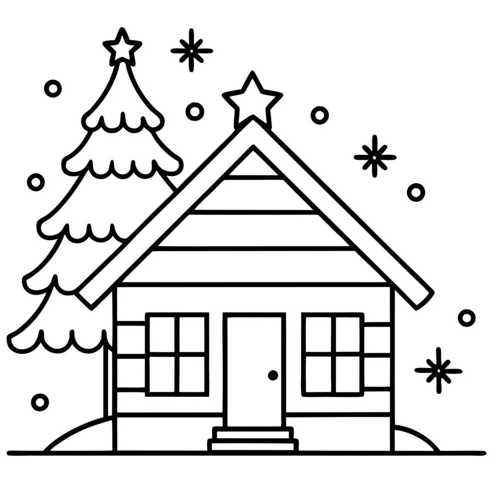 draw a cozy cabin with a decorated christmas tree outside, illustration line art vector
