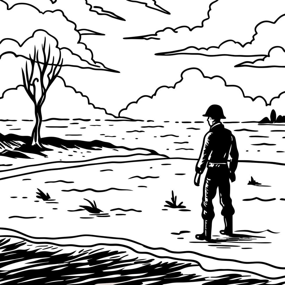 a man standing in the middle of a swamp with a dramatic sky, a soldier standing alone after the war vector