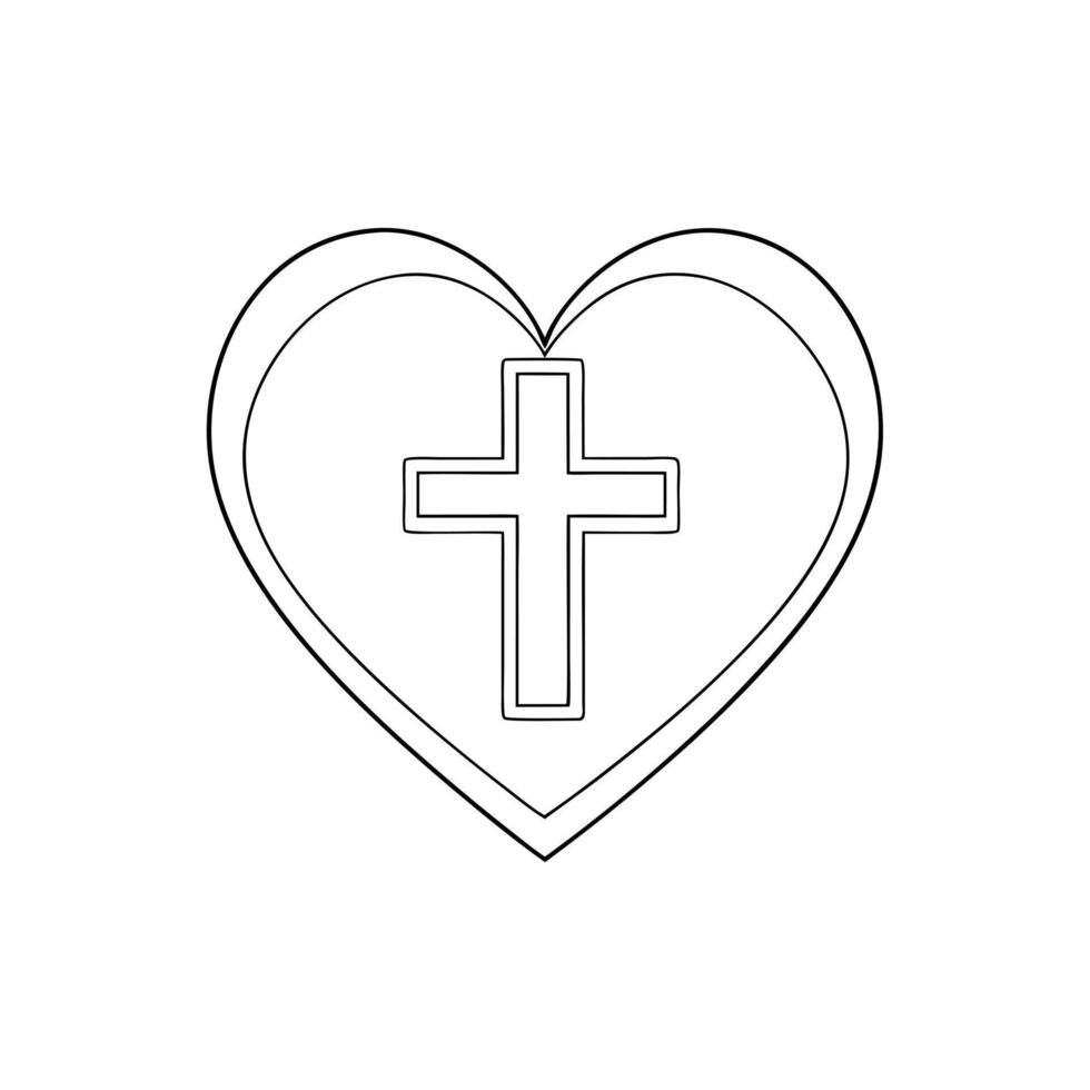 black silhouette of heart containing a white christian cross, symbolizing the christian faith and vector