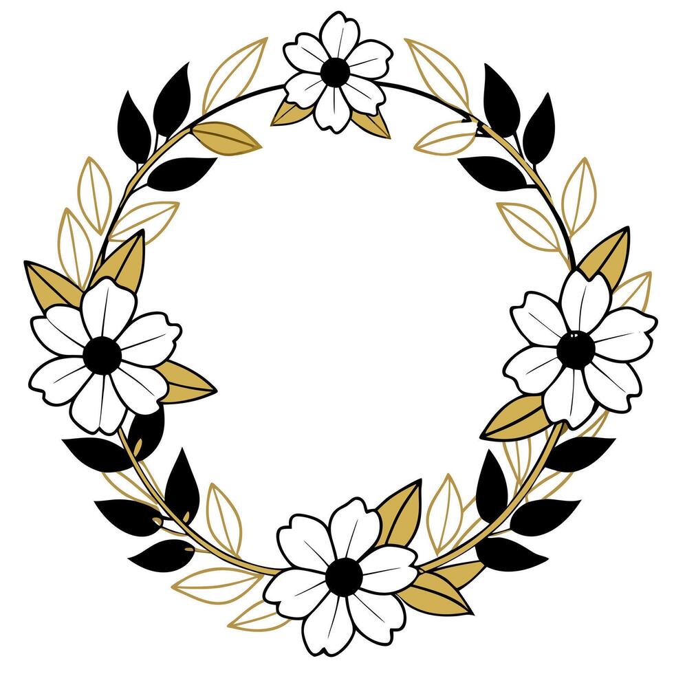 a modern gold wreath with flowers in black and white modern design with less flower, vector