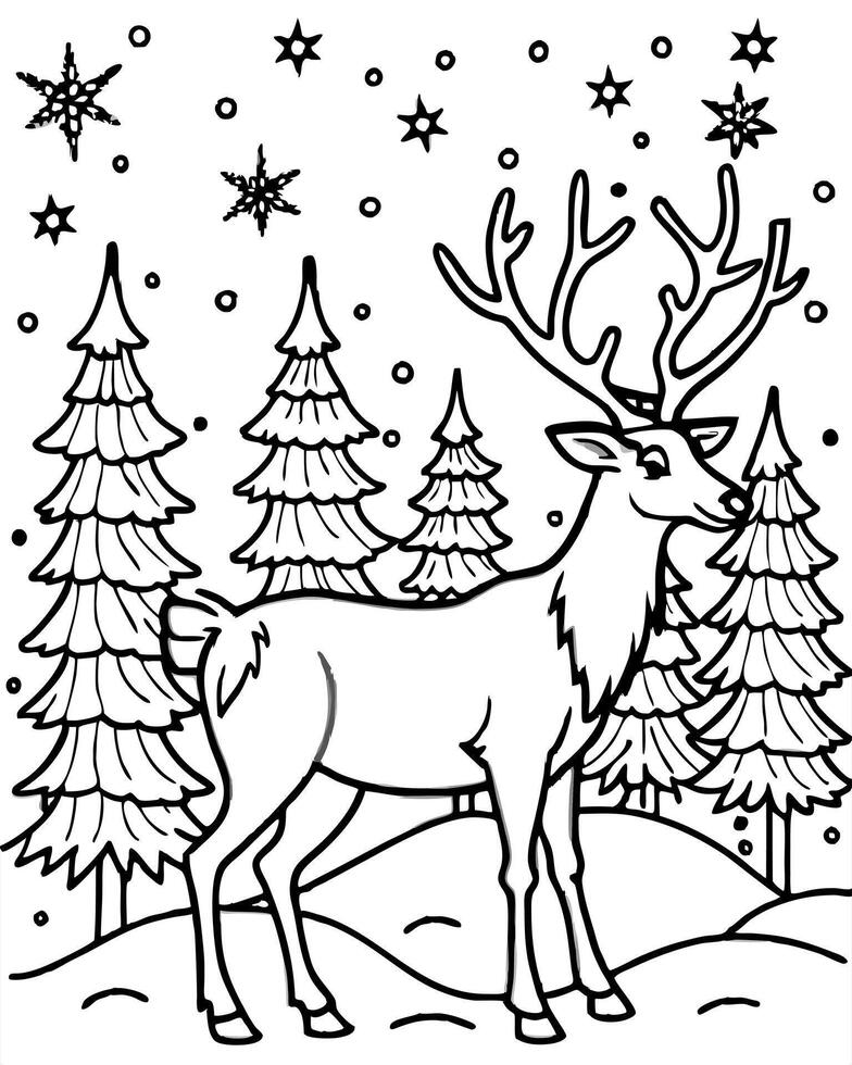 reno en un paisaje de navidad con arboles nevados, illustration line art vector