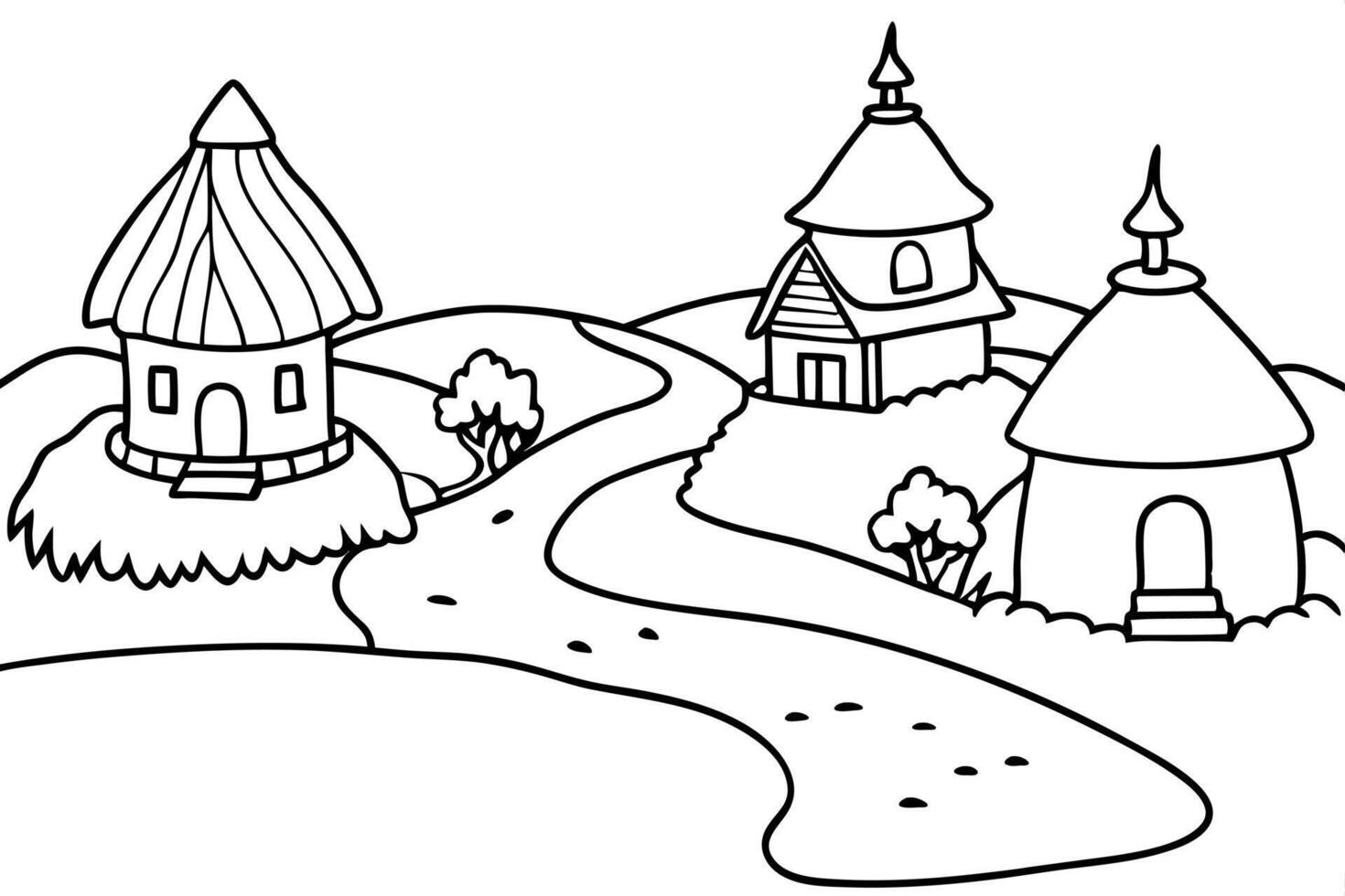 cartoon, fairy tale village - a small village with thatched-roof cottages, winding paths, and a vector