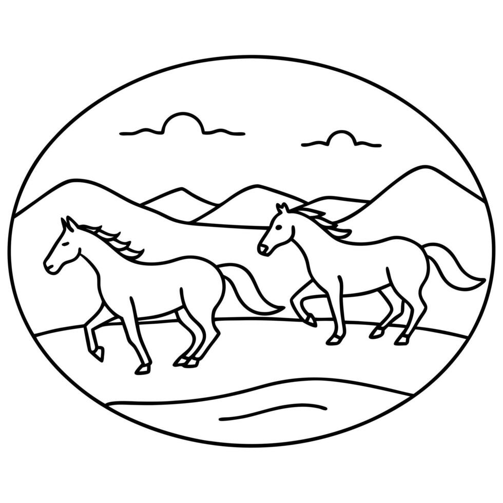wild horses running free across an open plain, with mountains or desert landscapes in the vector