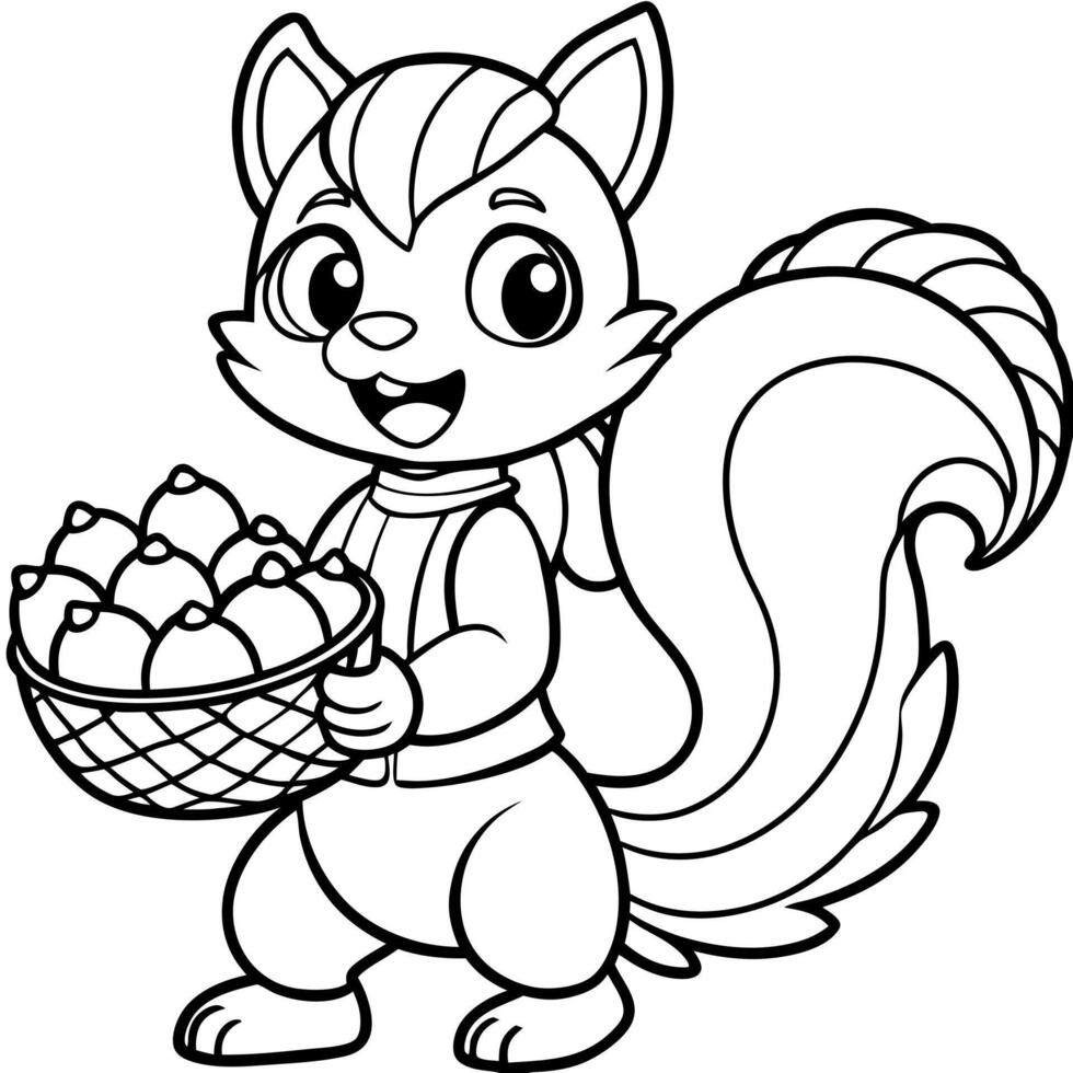 a chibi squirrel gathering acorns, illustration line art vector