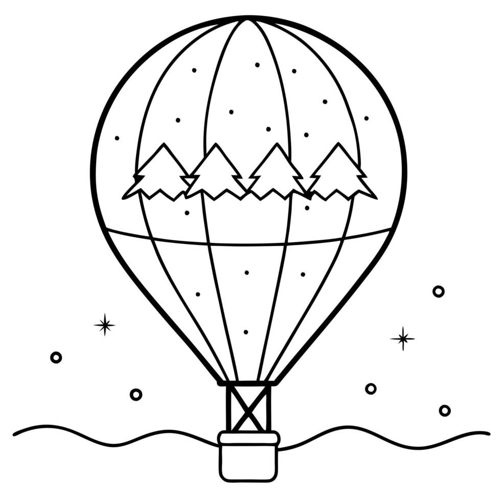 a festive hot air balloon shaped like a christmas ornament floating over a snowy landscape, vector