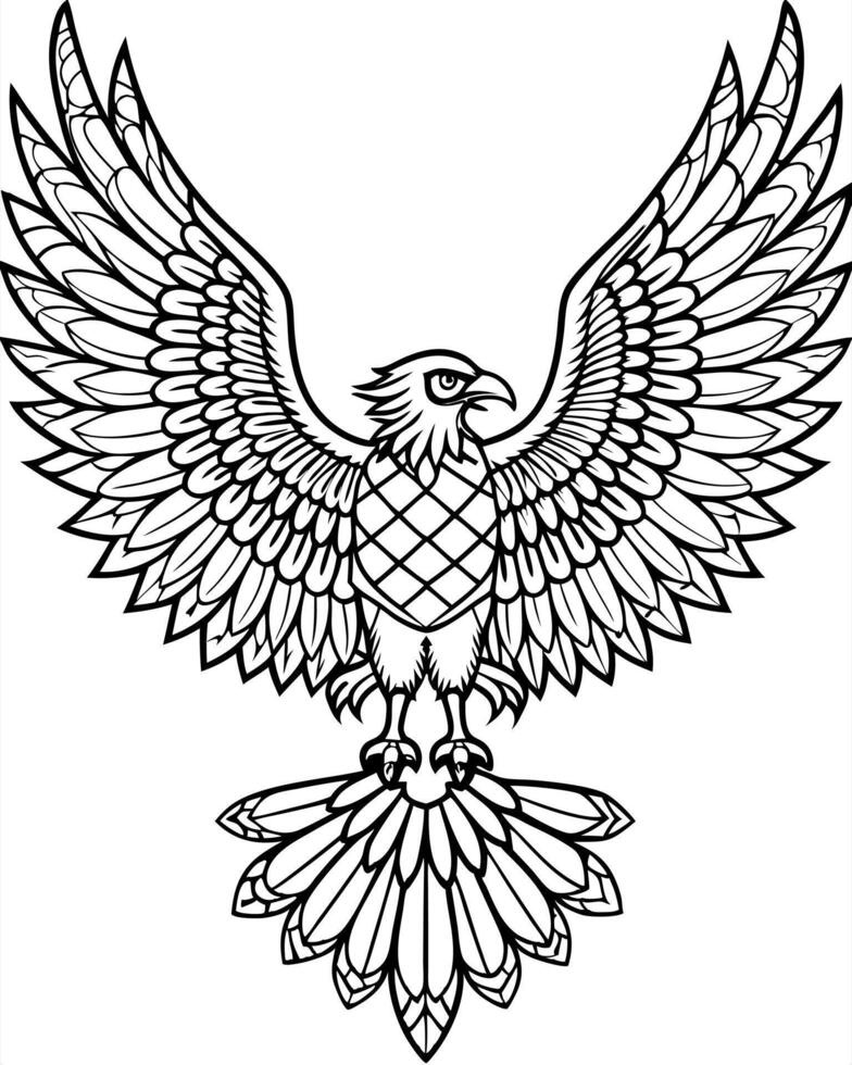 illustrate a soaring eagle with wings outstretched, featuring feathered mandala patterns, white vector