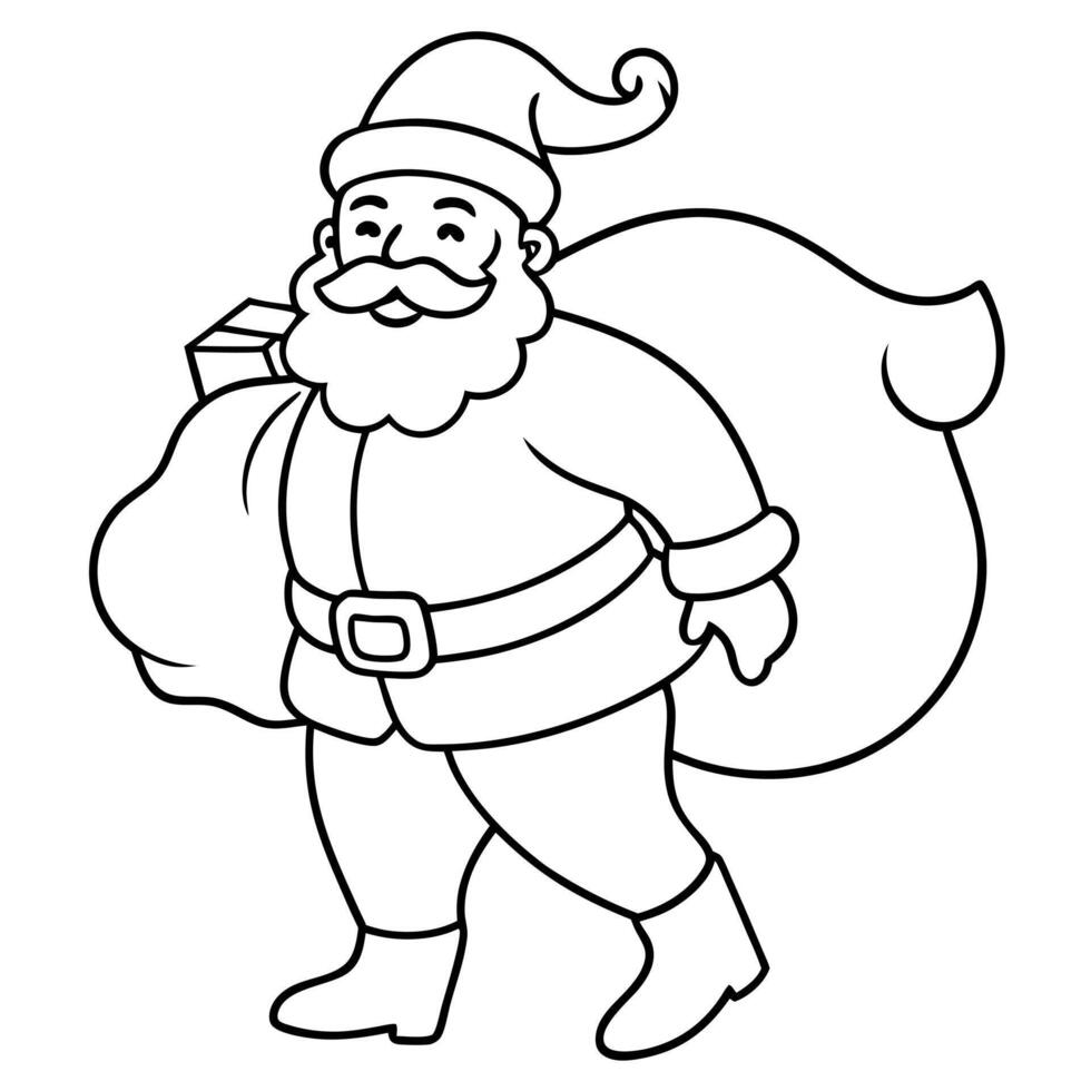 santa carrying his bag of presents over his shoulder, illustration line art vector