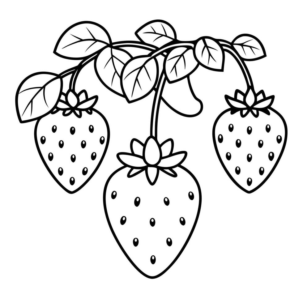 a cluster of plump strawberries hanging from a vine, with large, heart-shaped leaves and tiny seeds vector