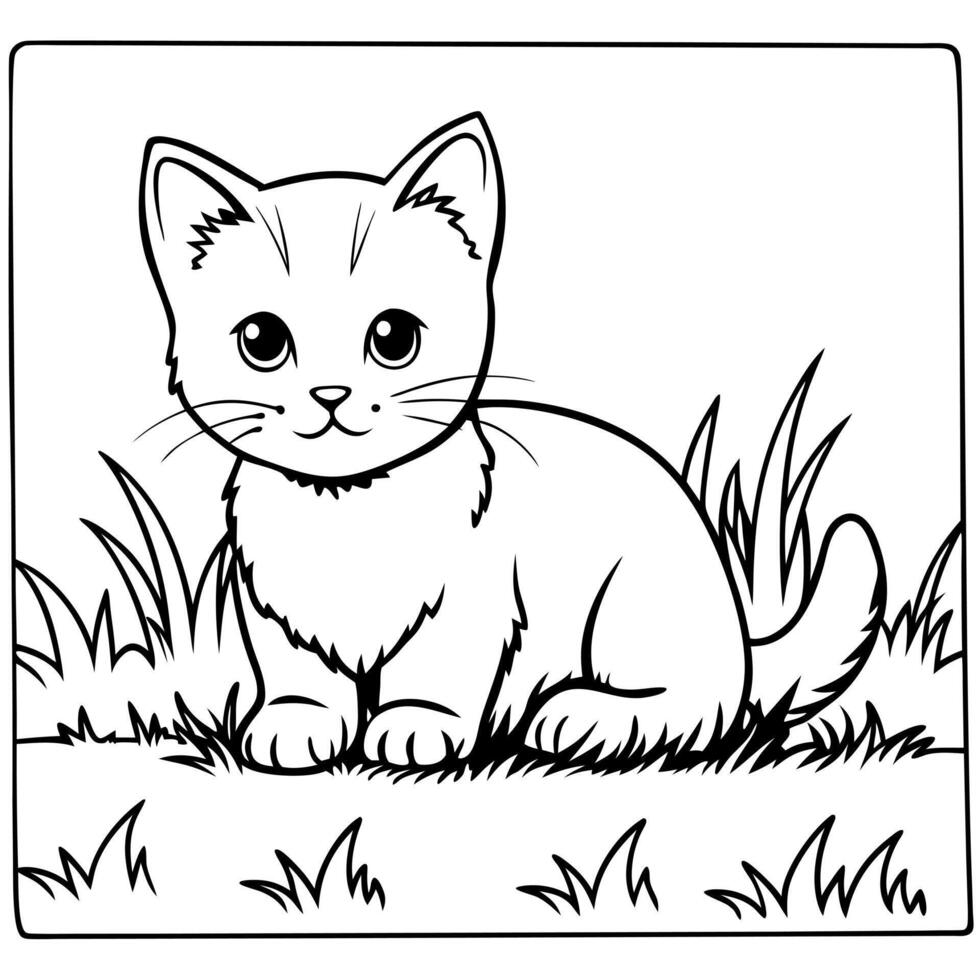 a kitten lying on the grass, illustration line art vector