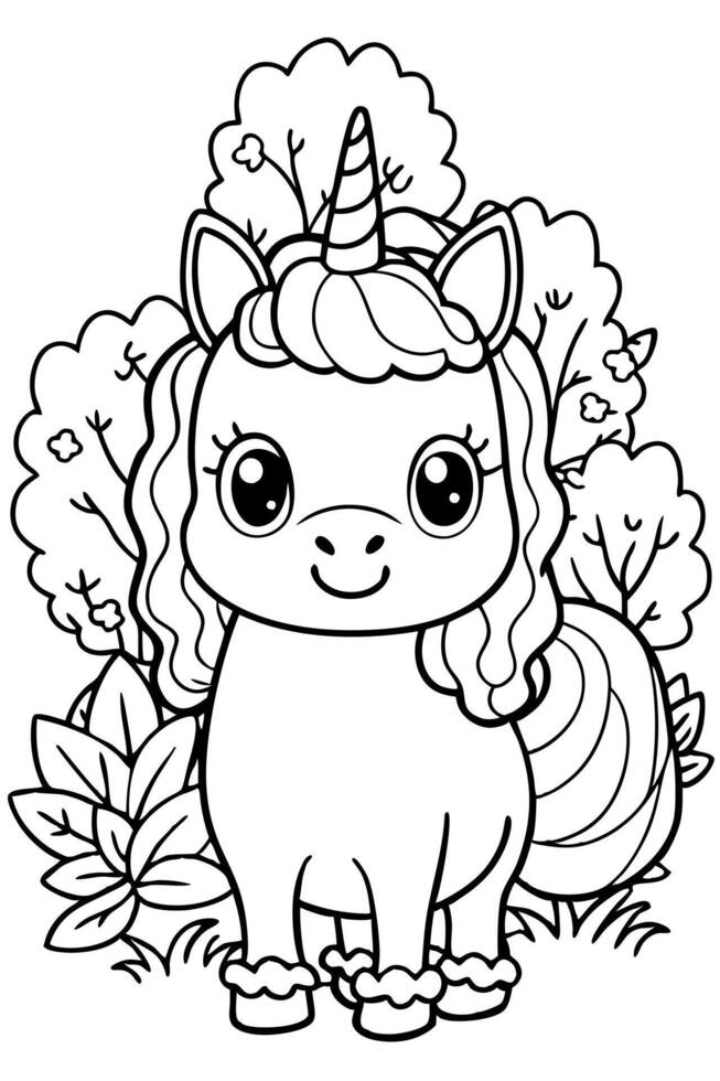 chibi cute kawaii unicorn in whimsical forest, coloring pages for kids, cozy coloring pages, cute vector