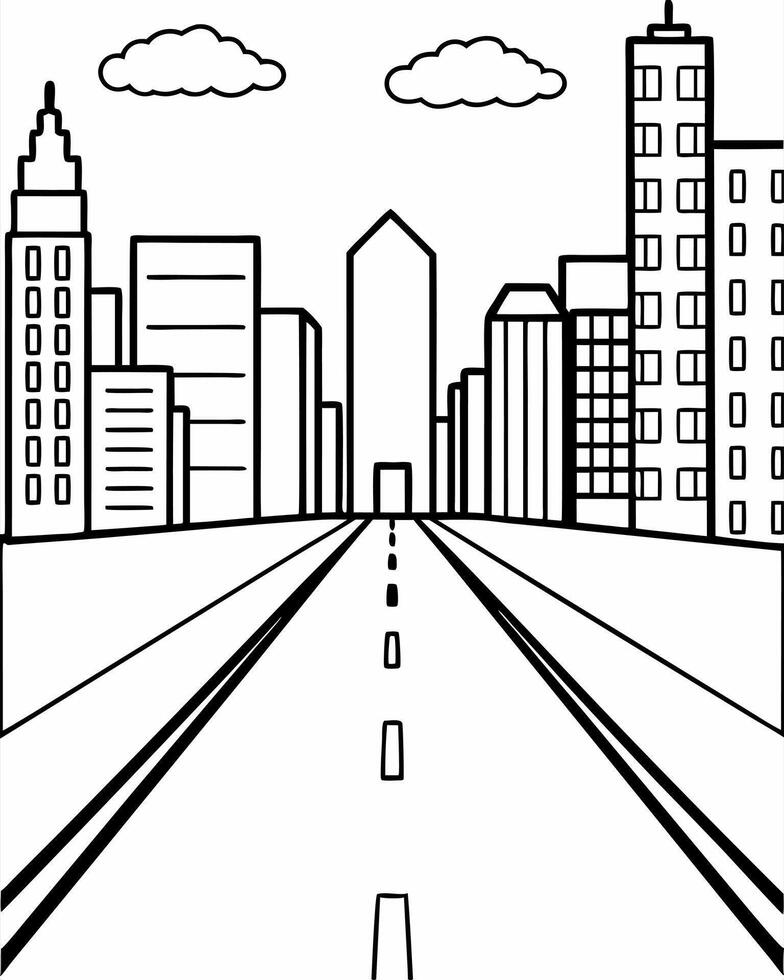 cartoon, empty city road, illustration line art vector