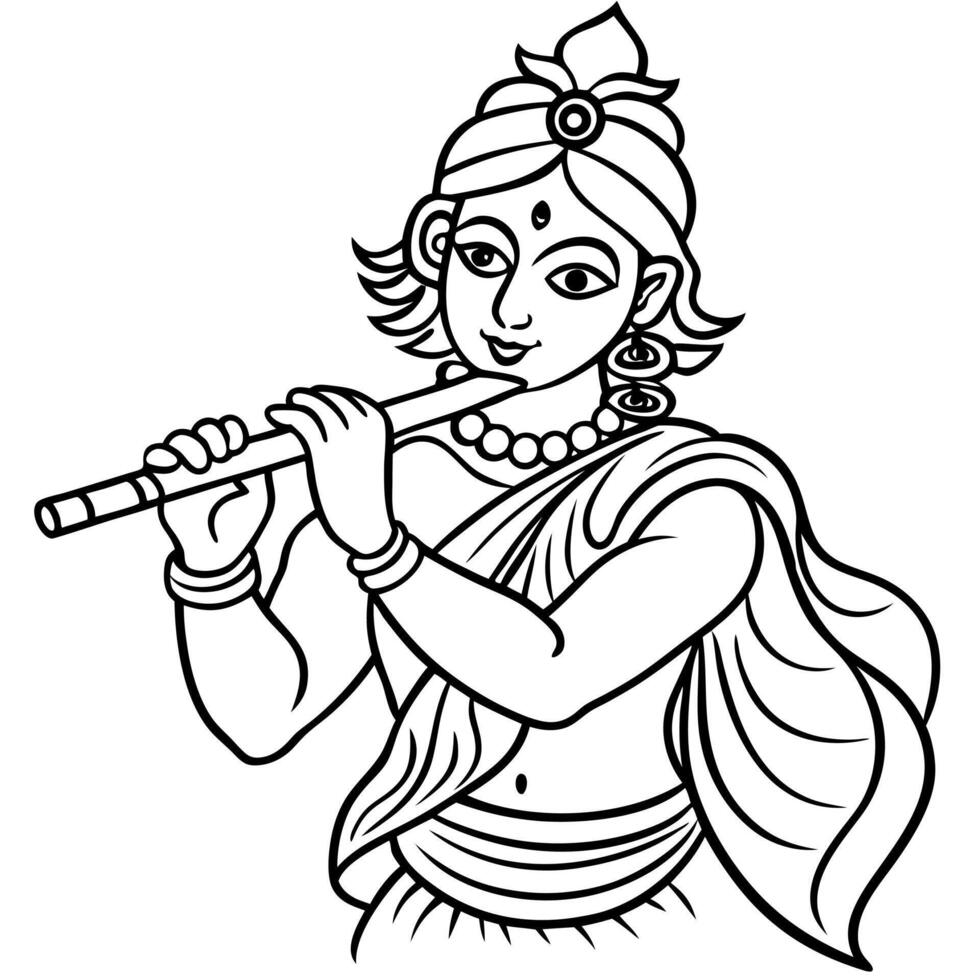 lord krishna with flute, illustration line art vector