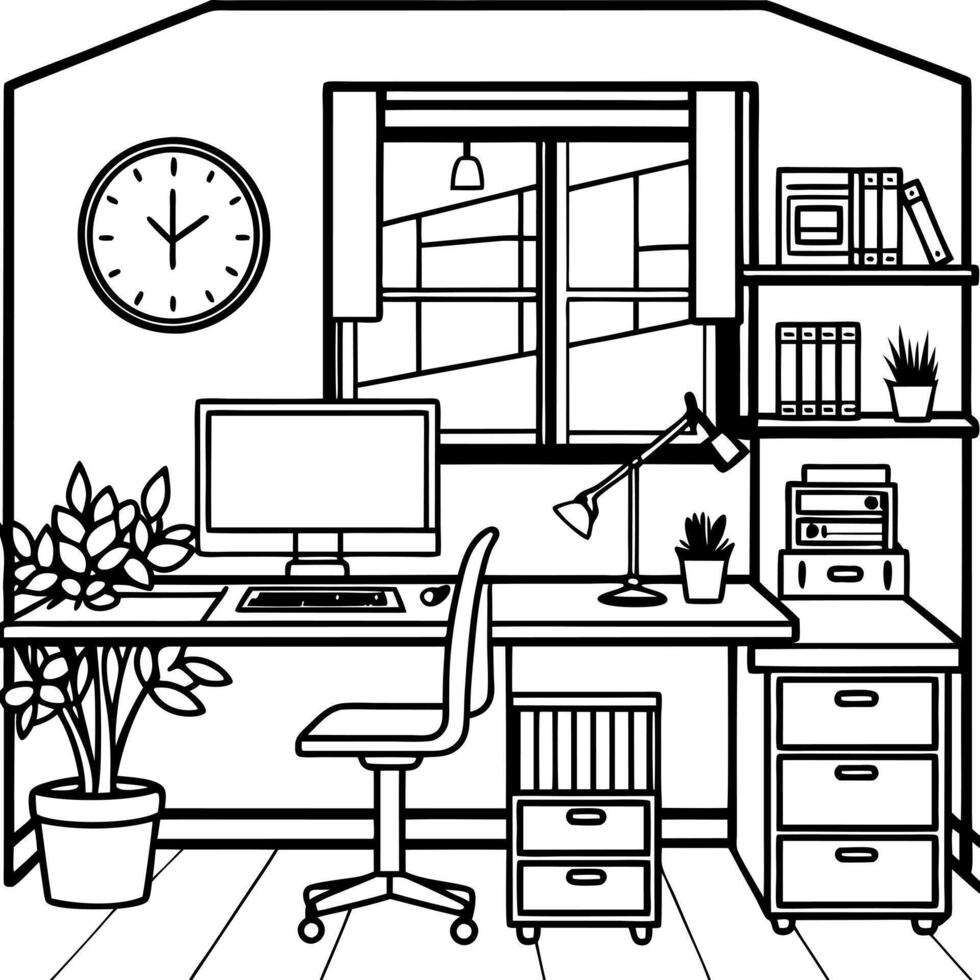cozy office, illustration line art vector
