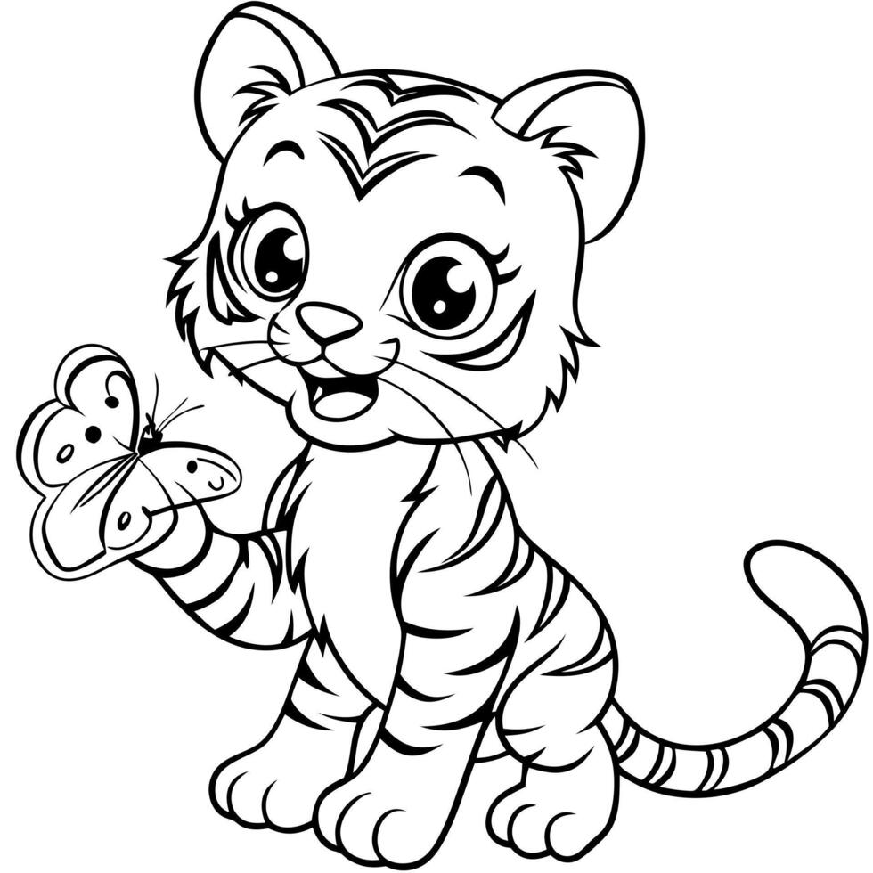 a chibi tiger cub playing with a butterfly, illustration line art vector