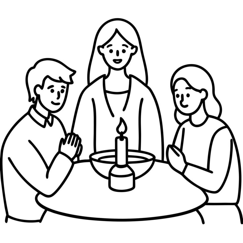 familia en la mesa rezando con una vela al centro, illustration line art vector