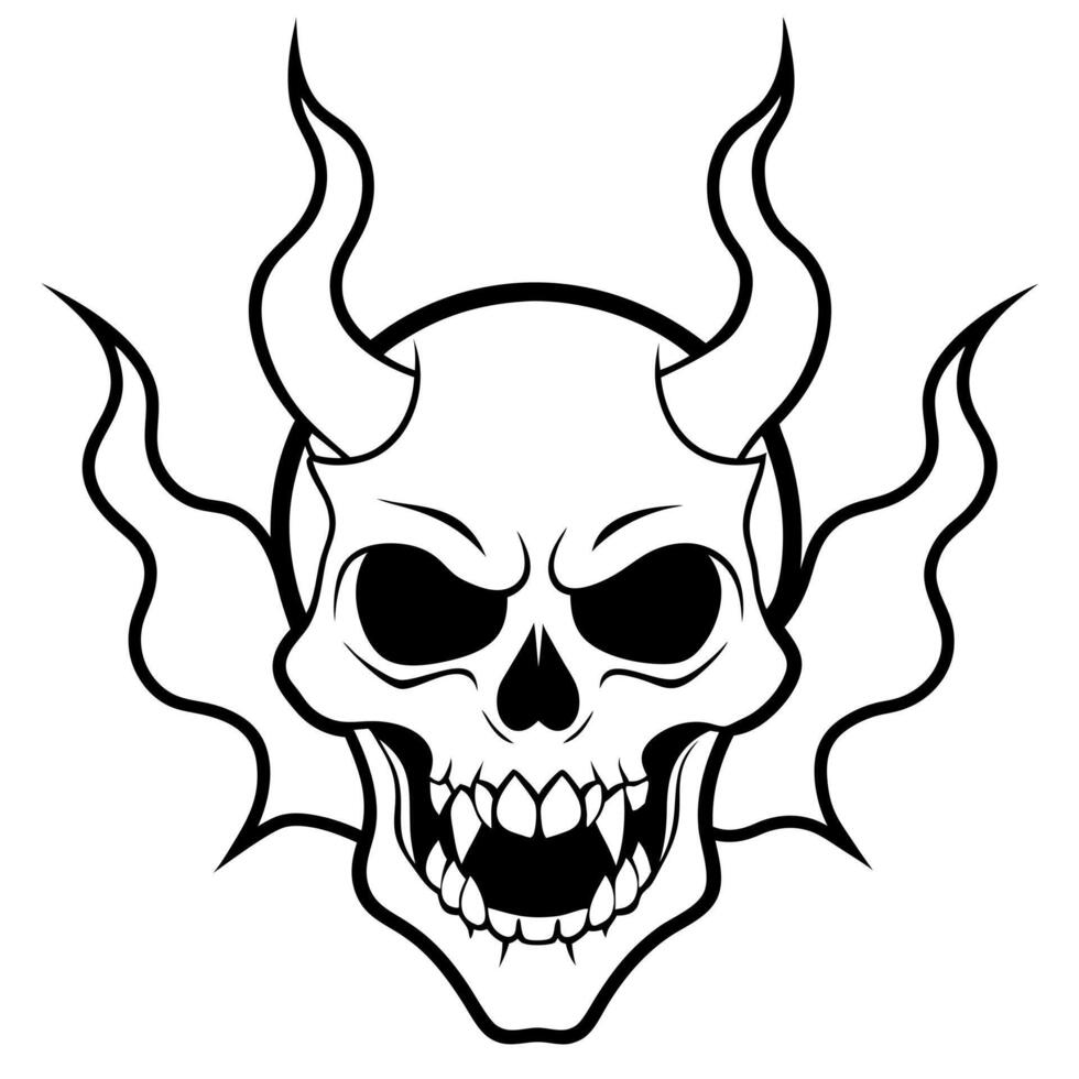 a fierce demon skull with flames bursting out from the eyes and mouth, surrounded by sharp, jagged vector
