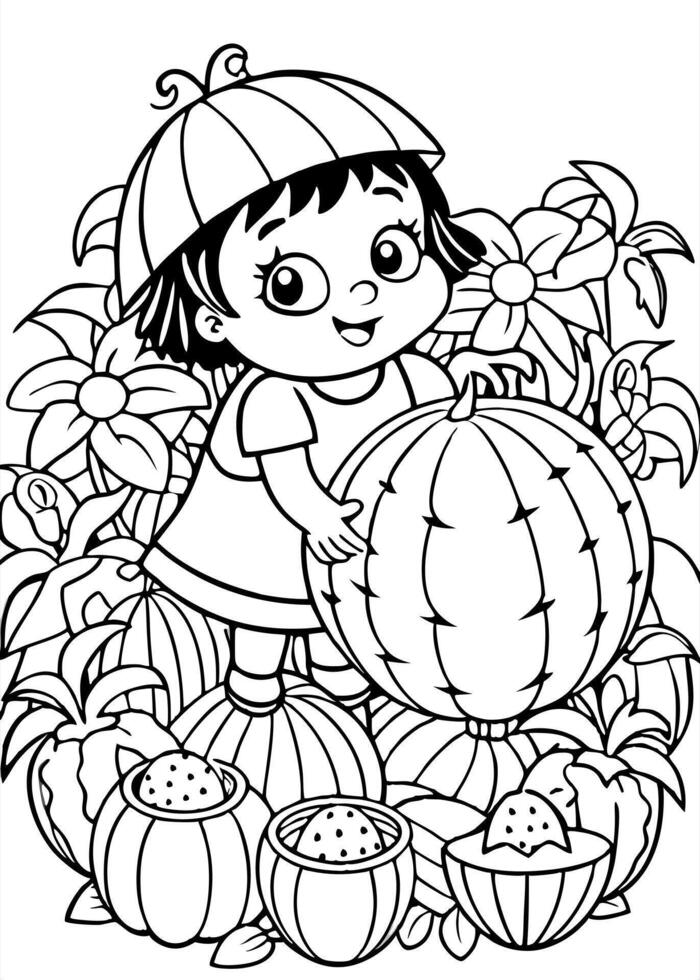 dora the explorer on the watermelon garden, illustration line art vector