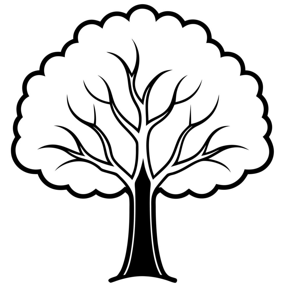 2 black and white oak tree icon, illustration line art vector