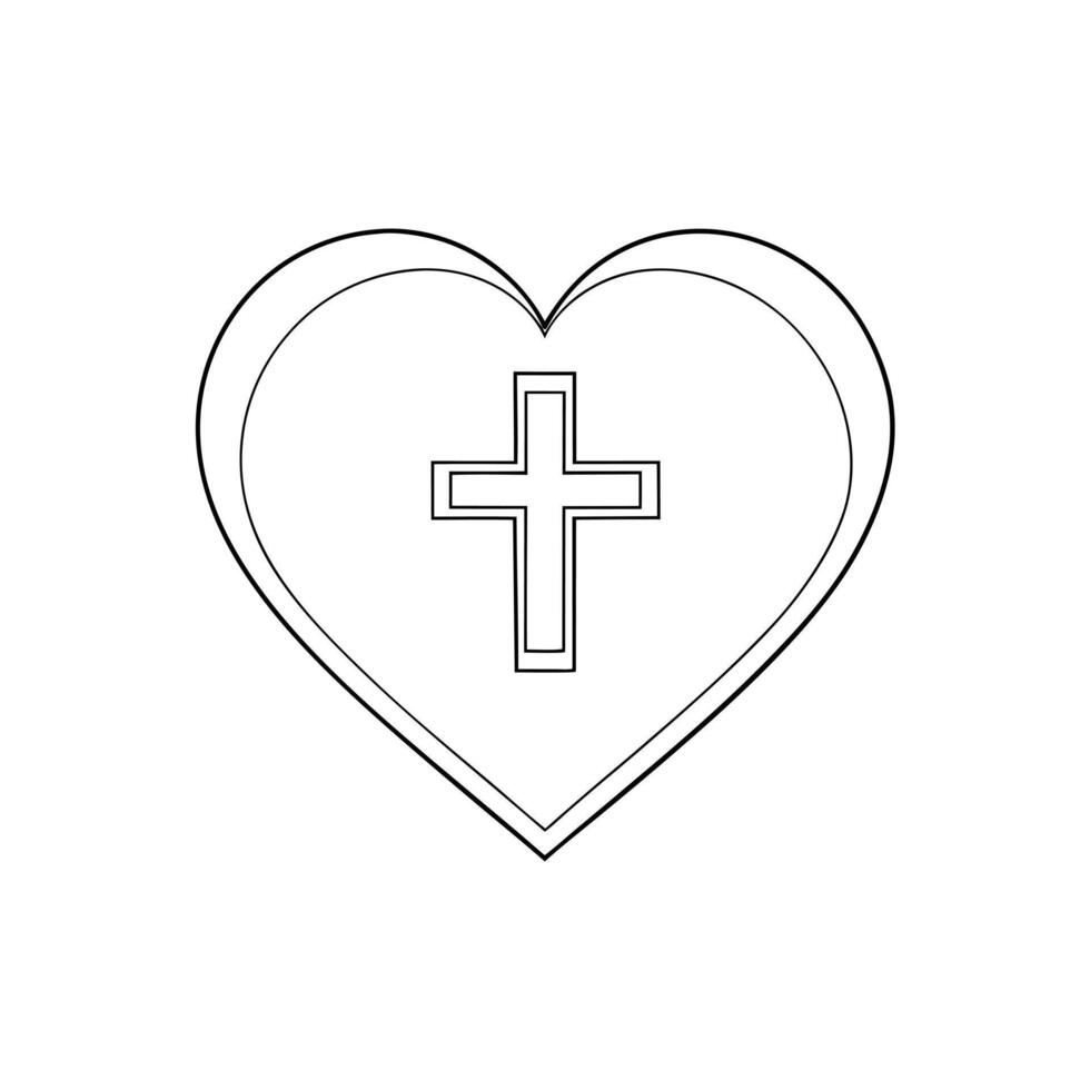 black silhouette of heart containing a white christian cross, symbolizing the christian faith and vector