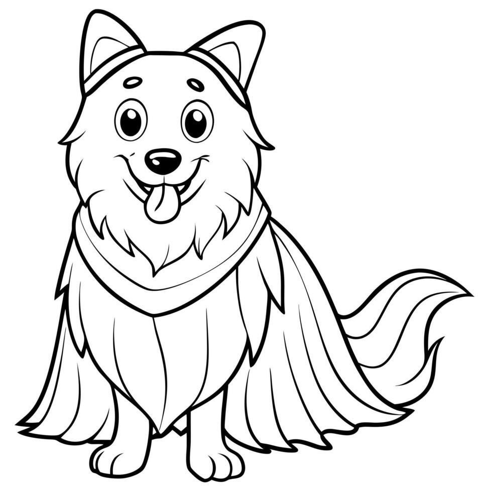 a cute collie puppy dog dressed in halloween ghost boo costume with smile for coloring book, white vector