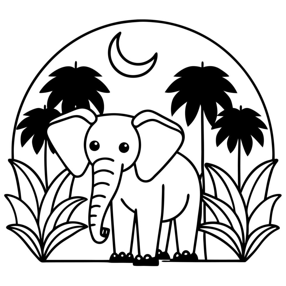 a bold elephant with prominent tusks and large ears, there are available banana trees, holding a vector