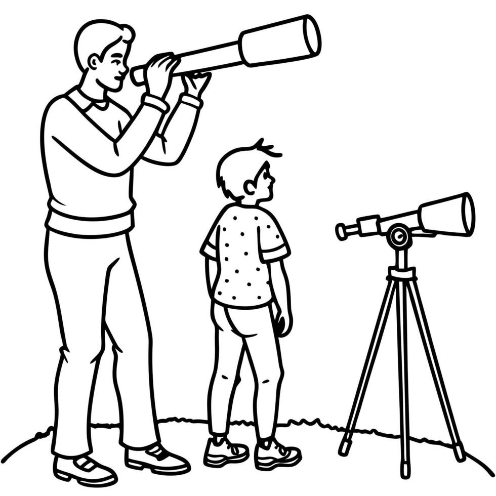 father and child stand on land looking to sky from telescope stand on land full-bodied, vector