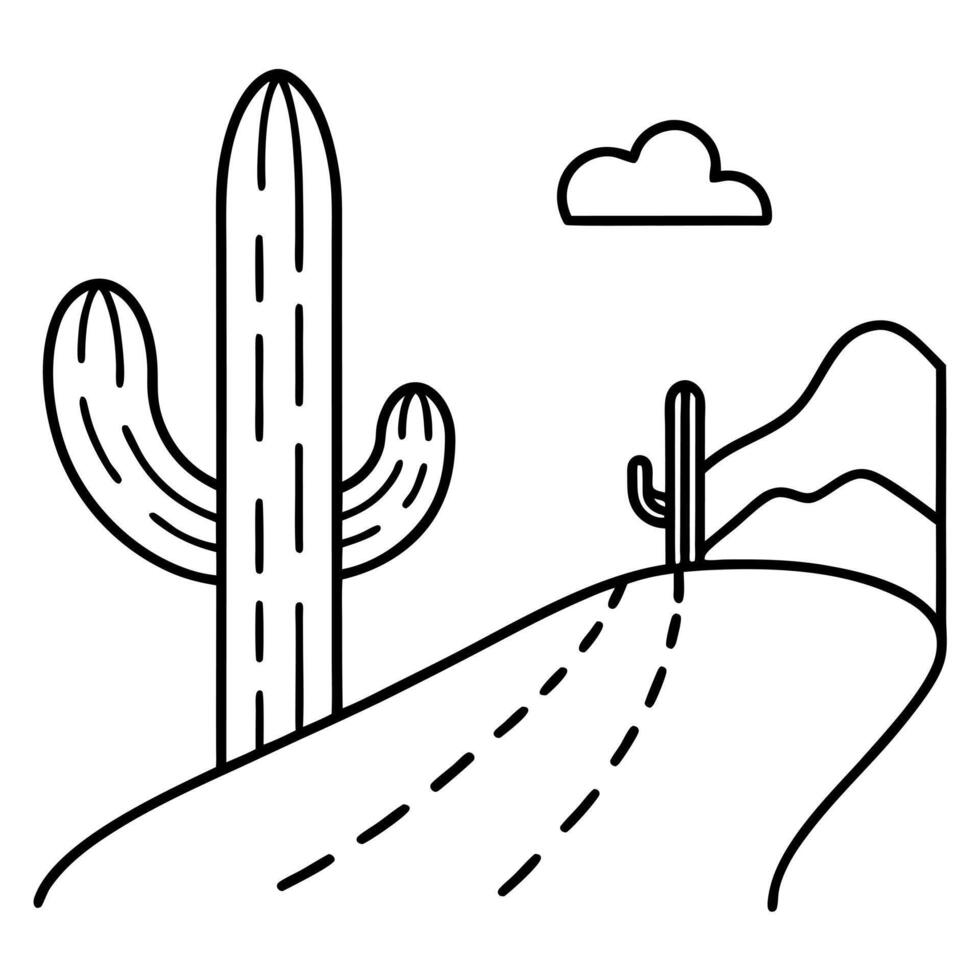 cactus and a desert road outline, illustration line art vector