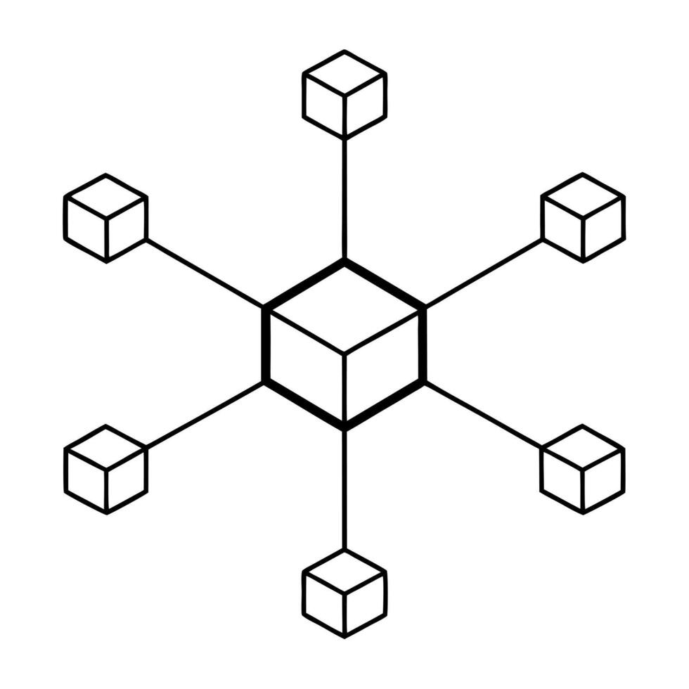 a blockchain network on white background, illustration line art vector