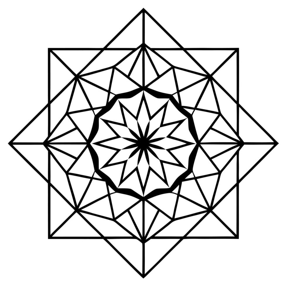 a precise geometric mandala with sharp, clean lines, featuring a central hexagon surrounded by vector