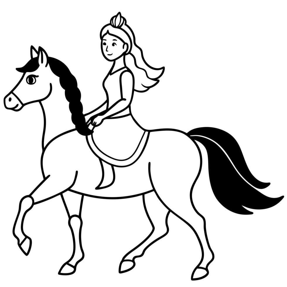 a black and white line art illustration of a large galloping horse with a princess rider on vector