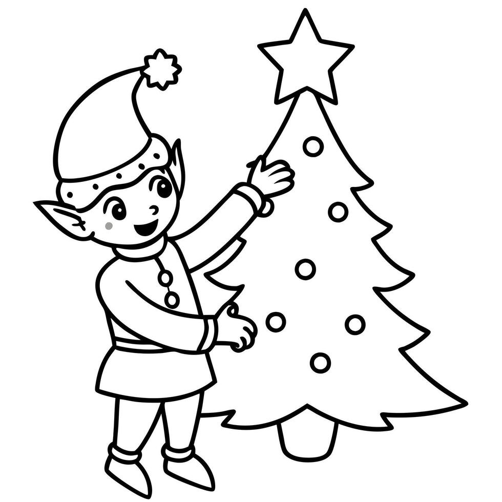 design a cheerful elf putting a star on top of a christmas tree, illustration line art vector